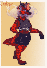 Billie standing in jorts (jean shorts) and strappy sports top which says "PvP Enabled." She has a pale pink mohawk, and her fur is red with dark red spots in the shape of skulls, sixes, and nines.